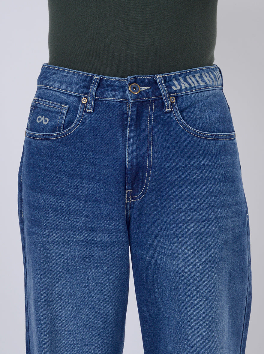 Mid Blue Washed Relax Fit Baggy Denim | JadeBlue