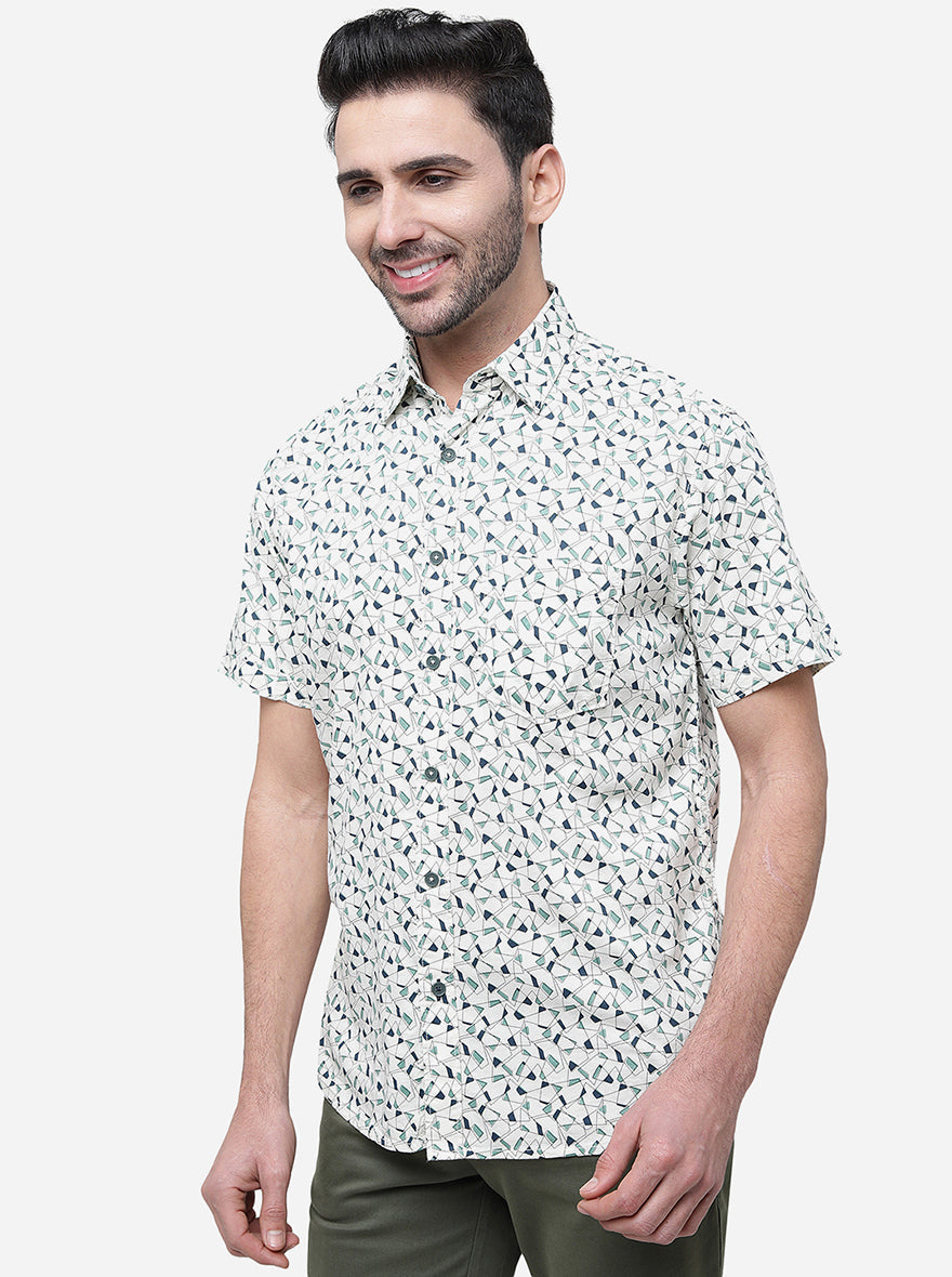 Off White Printed Slim Fit Semi Casual Shirt | Greenfibre