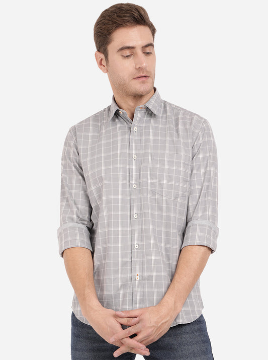 Stone Grey Checked Slim Fit Casual Shirt | Greenfibre