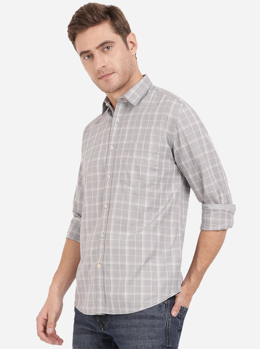 Stone Grey Checked Slim Fit Casual Shirt | Greenfibre