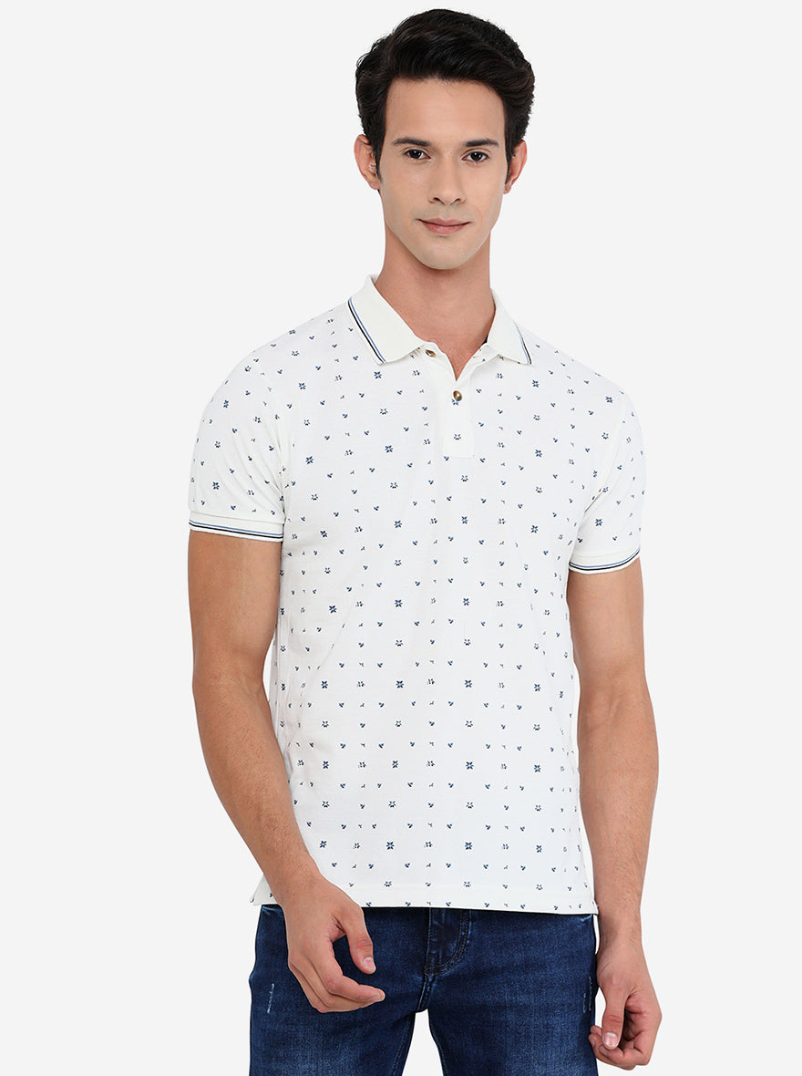 White & Blue Printed Slim Fit Polo T-Shirt | Greenfibre