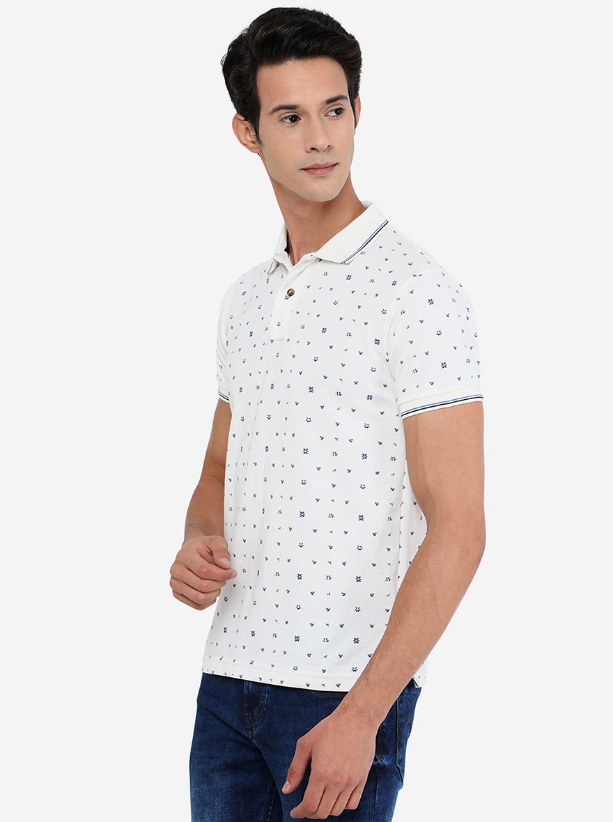 White & Blue Printed Slim Fit Polo T-Shirt | Greenfibre