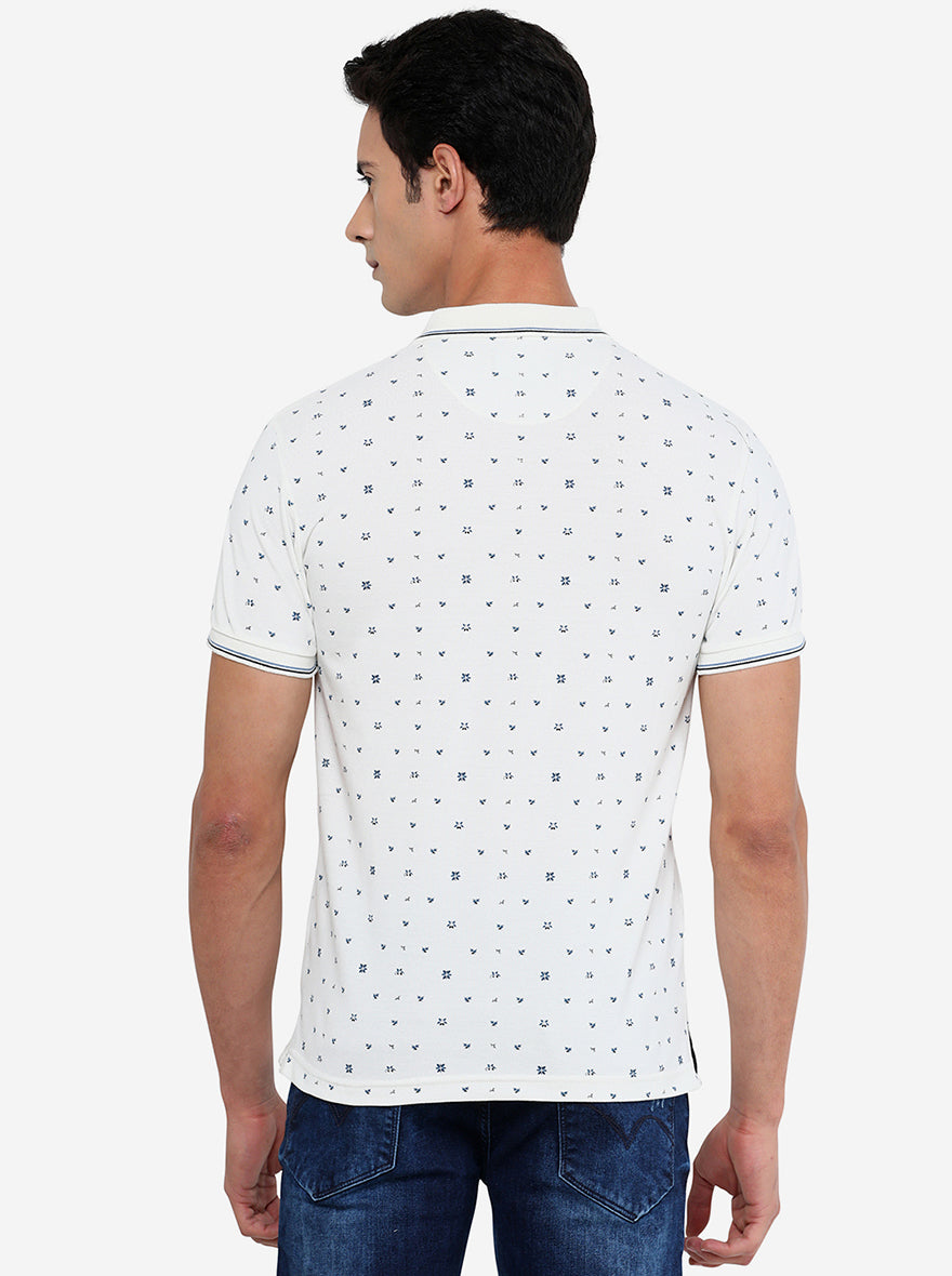 White & Blue Printed Slim Fit Polo T-Shirt | Greenfibre