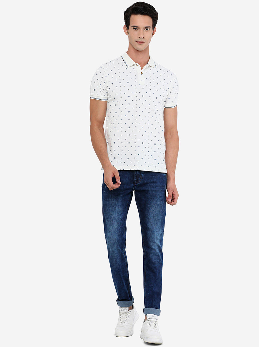 White & Blue Printed Slim Fit Polo T-Shirt | Greenfibre