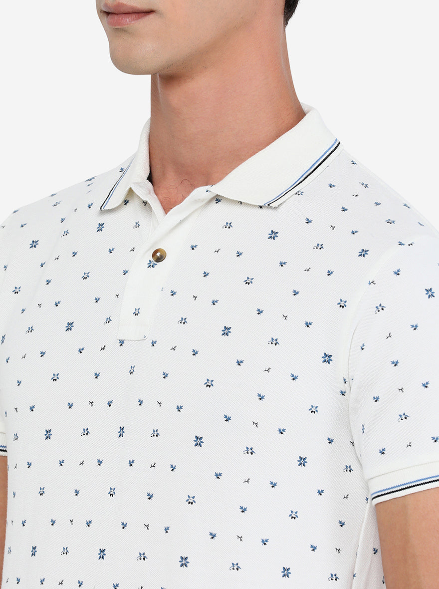 White & Blue Printed Slim Fit Polo T-Shirt | Greenfibre