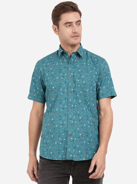 Teal Blue Printed Slim Fit Casual Shirt | Greenfibre