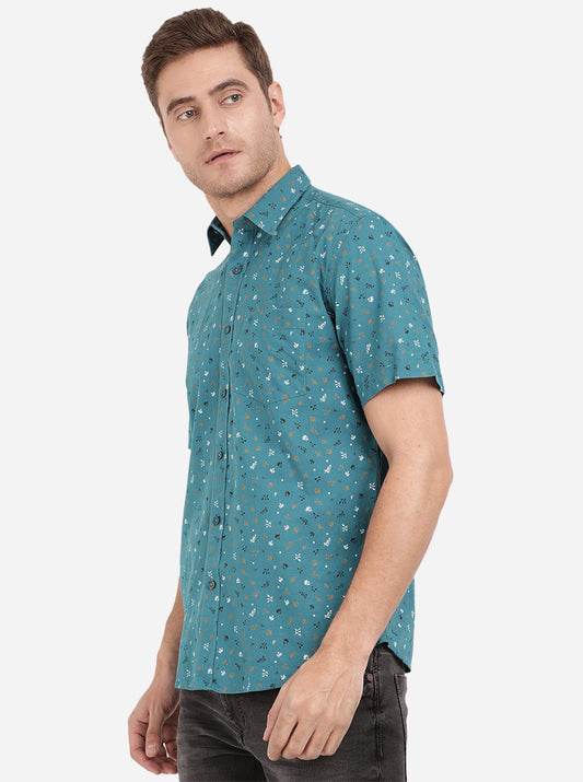 Teal Blue Printed Slim Fit Casual Shirt | Greenfibre