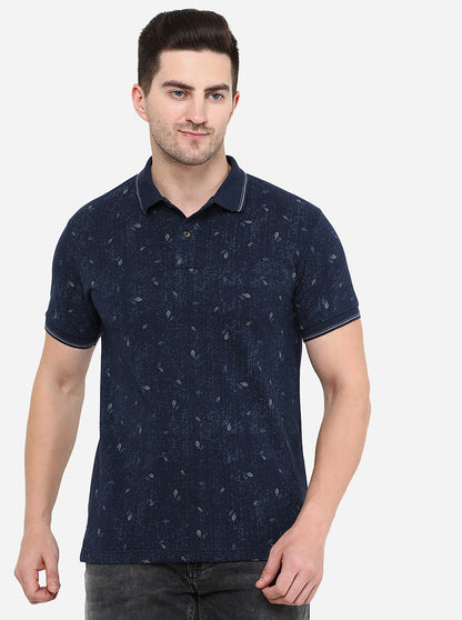 Dark Blue Printed Slim Fit Polo T-Shirt | Greenfibre