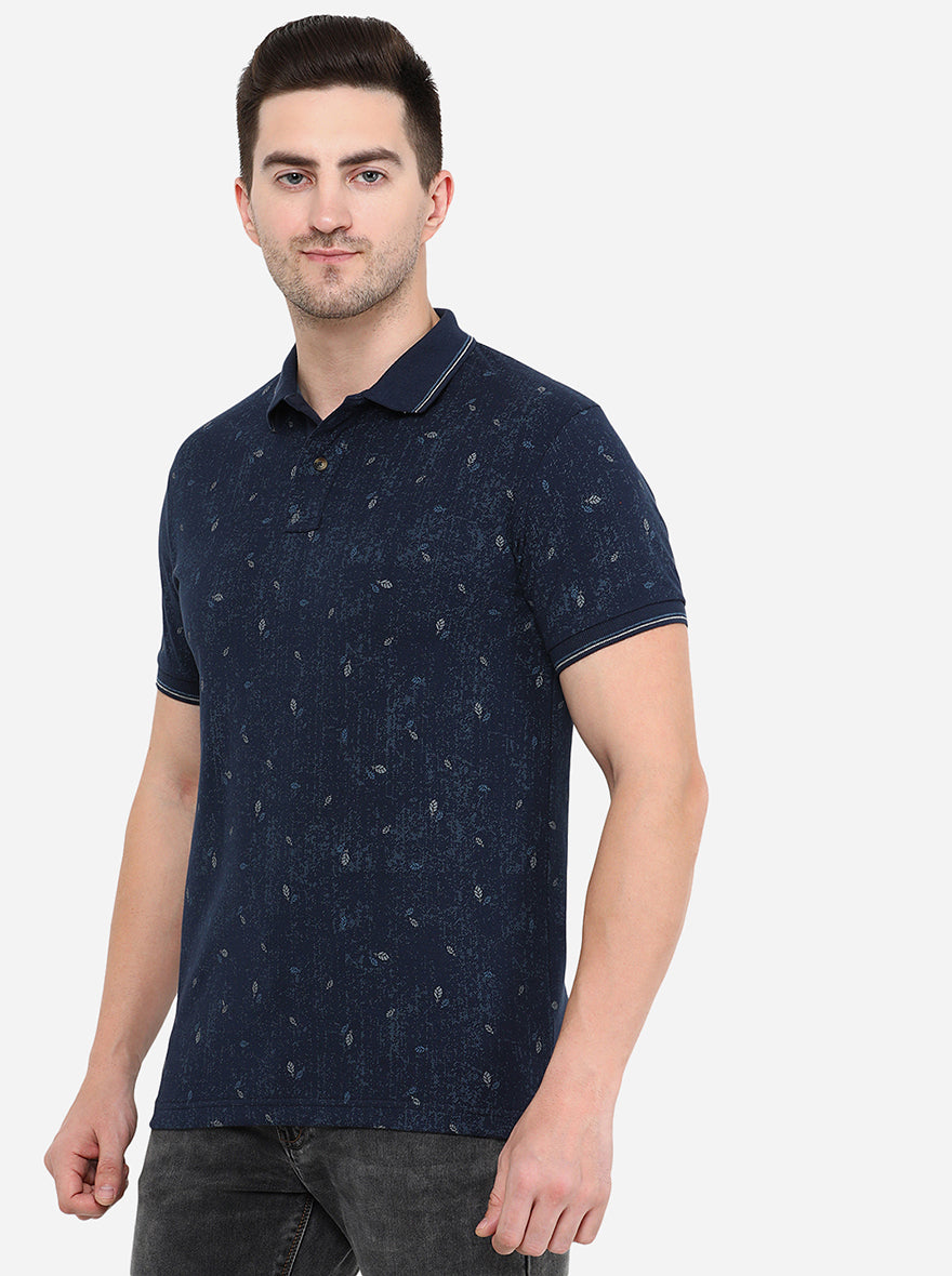 Dark Blue Printed Slim Fit Polo T-Shirt | Greenfibre