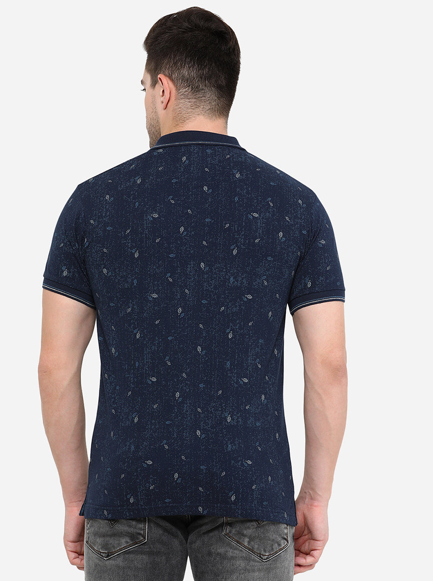 Dark Blue Printed Slim Fit Polo T-Shirt | Greenfibre