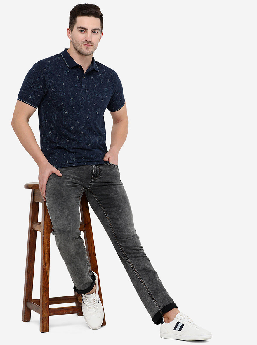 Dark Blue Printed Slim Fit Polo T-Shirt | Greenfibre