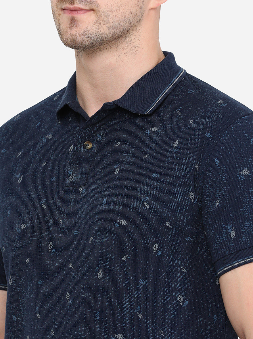 Dark Blue Printed Slim Fit Polo T-Shirt | Greenfibre