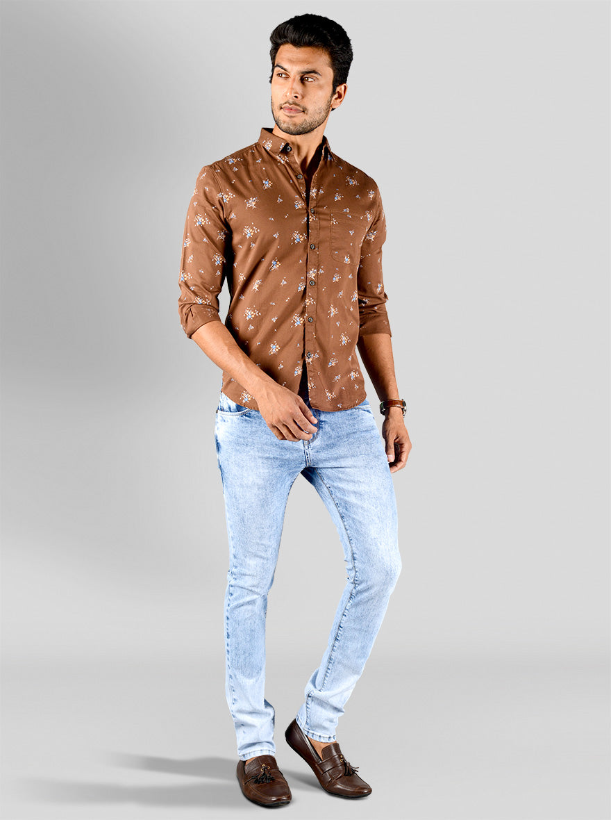 Patridge Brown Printed Slim Fit Casual Shirt | Greenfibre