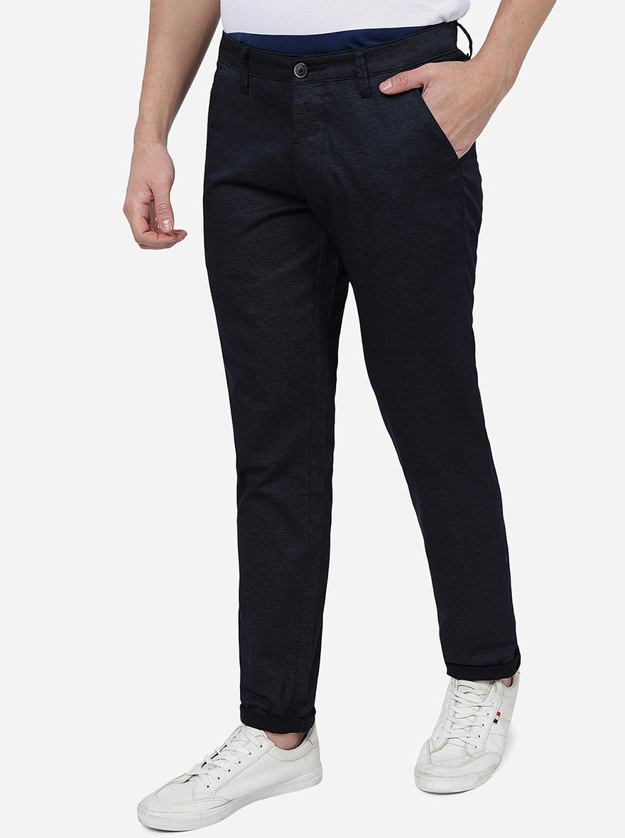 Navy Blue Solid Neo Fit Casual Trouser | Greenfibre