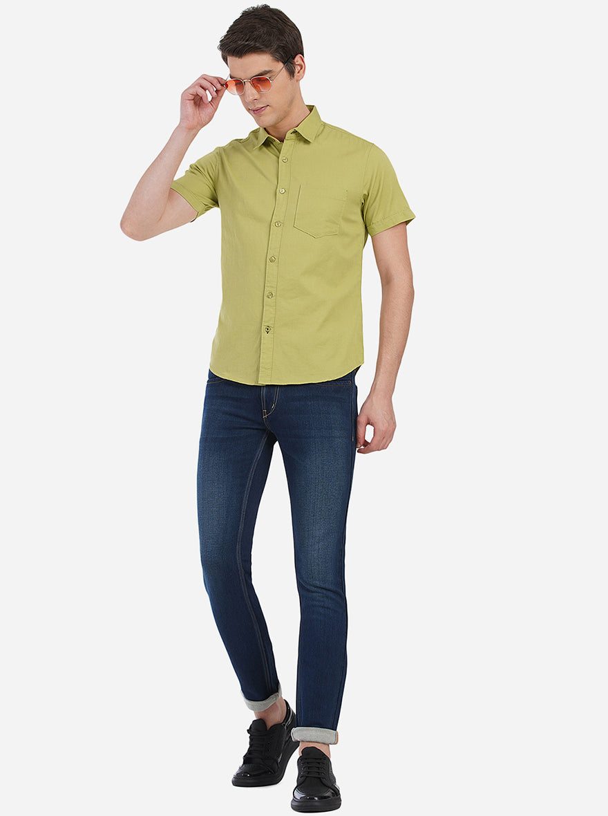 Linden Green Solid Slim Fit Semi Casual Shirt | Greenfibre