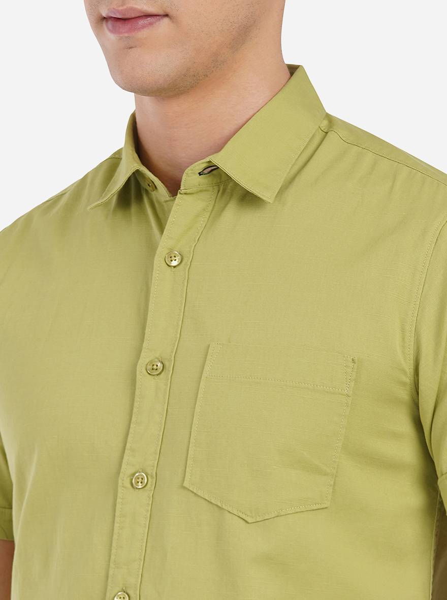 Linden Green Solid Slim Fit Semi Casual Shirt | Greenfibre