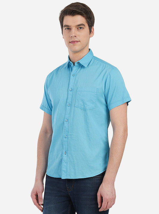 Blue Solid Slim Fit Semi Casual Shirt | Greenfibre