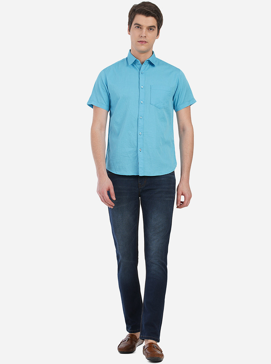 Blue Solid Slim Fit Semi Casual Shirt | Greenfibre