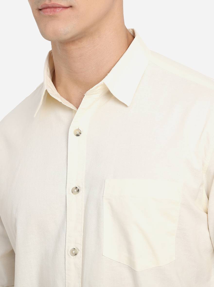 Cloud Cream Solid Slim Fit Semi Casual Shirt | Greenfibre