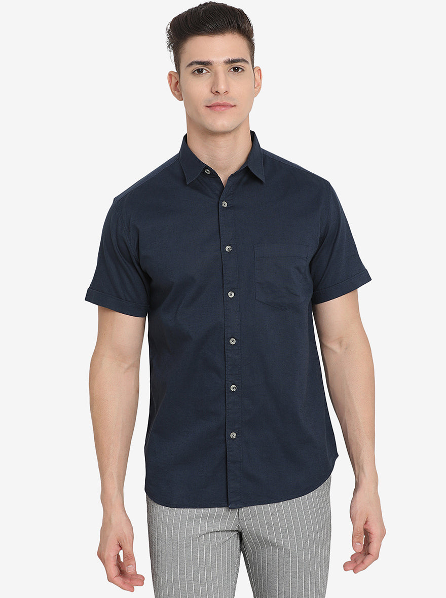 Midnight Navy Solid Slim Fit Semi Casual Shirt | Greenfibre