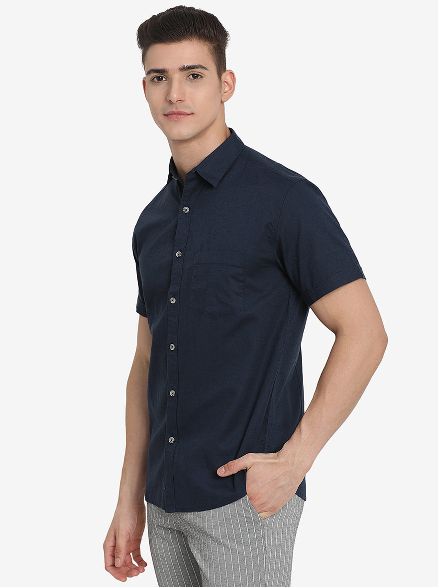 Midnight Navy Solid Slim Fit Semi Casual Shirt | Greenfibre