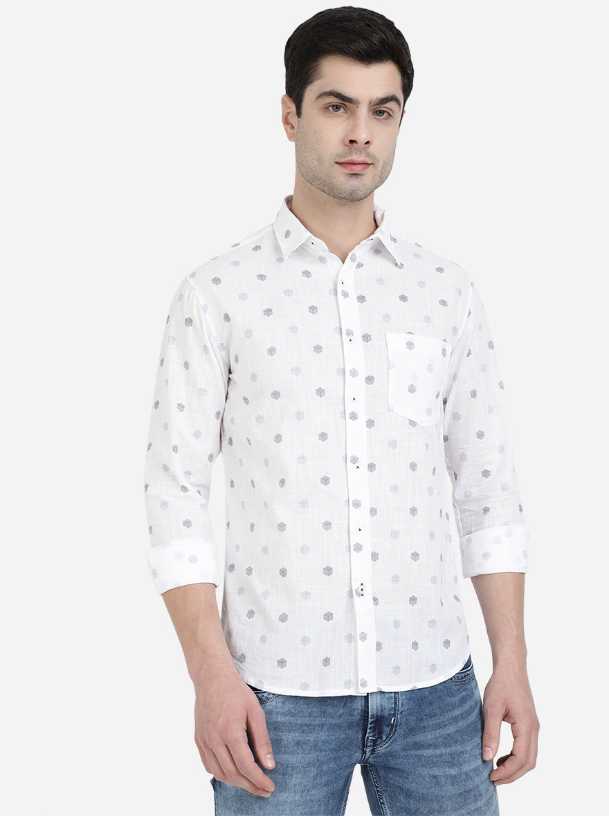 Bright White Printed Slim Fit Semi Casual Shirt | Greenfibre