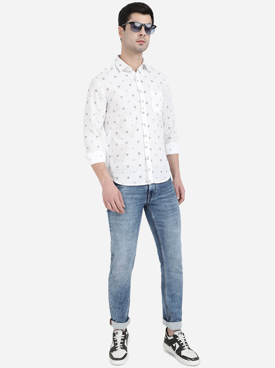 Bright White Printed Slim Fit Semi Casual Shirt | Greenfibre