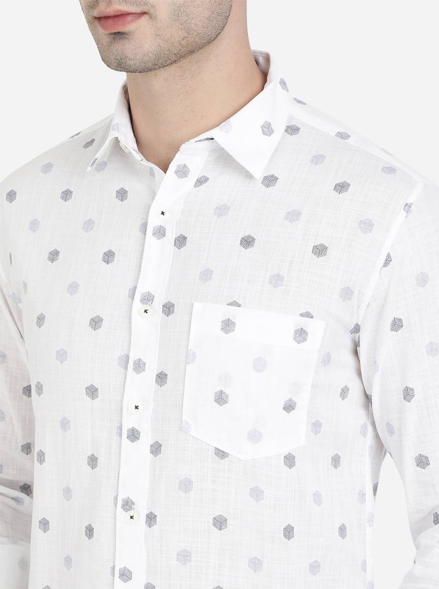 Bright White Printed Slim Fit Semi Casual Shirt | Greenfibre