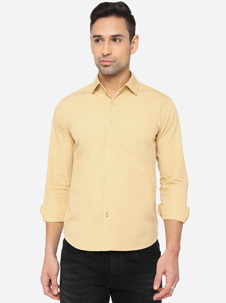 Straw Khaki Solid Slim Fit Semi Casual Shirt | Greenfibre