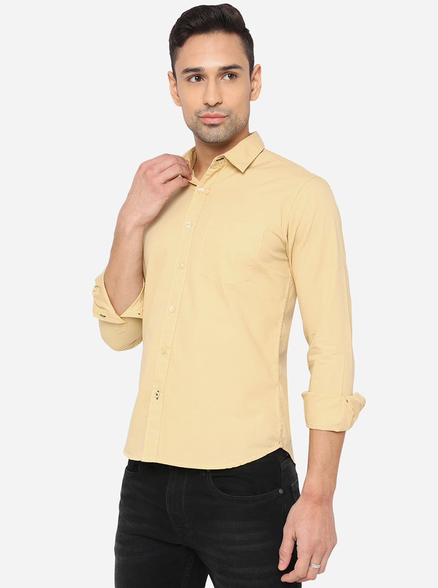 Straw Khaki Solid Slim Fit Semi Casual Shirt | Greenfibre