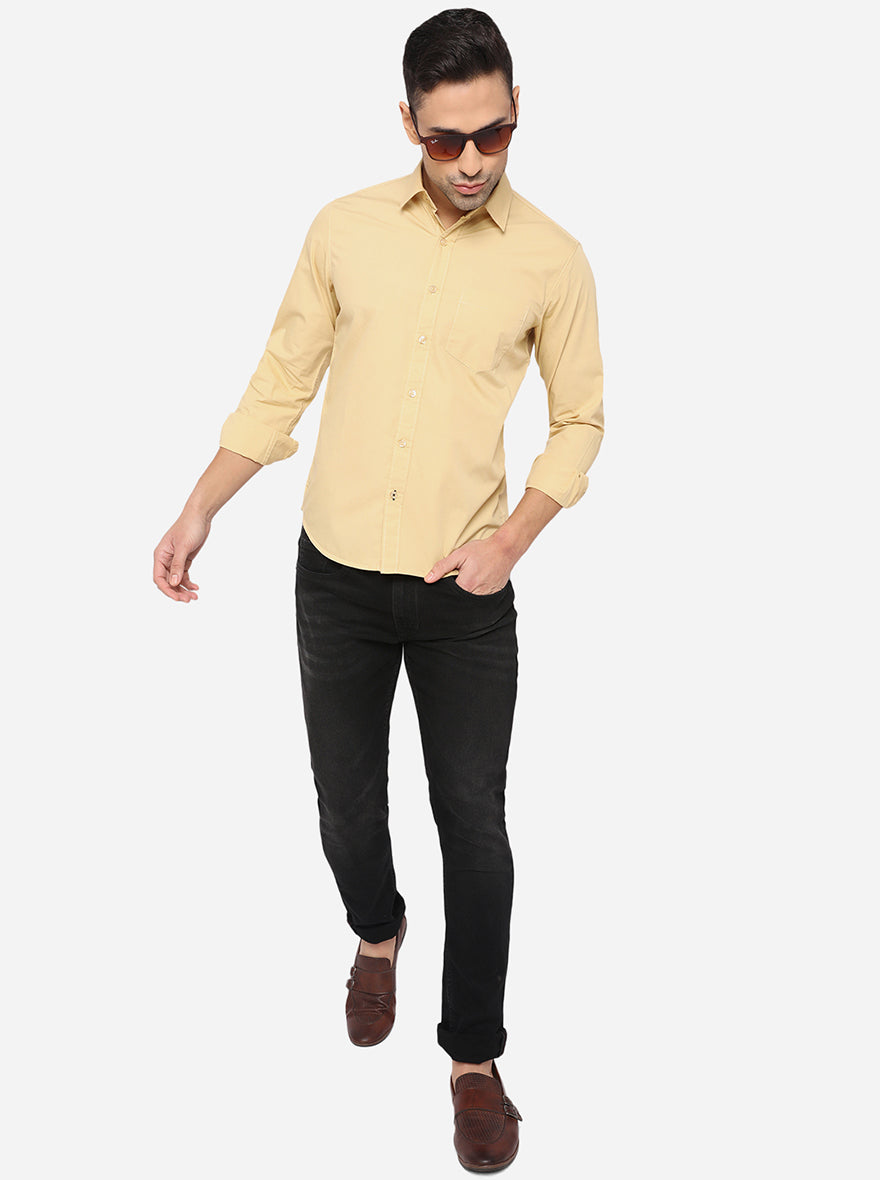 Straw Khaki Solid Slim Fit Semi Casual Shirt | Greenfibre