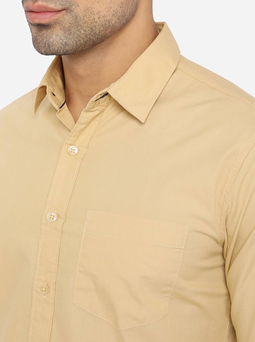 Straw Khaki Solid Slim Fit Semi Casual Shirt | Greenfibre