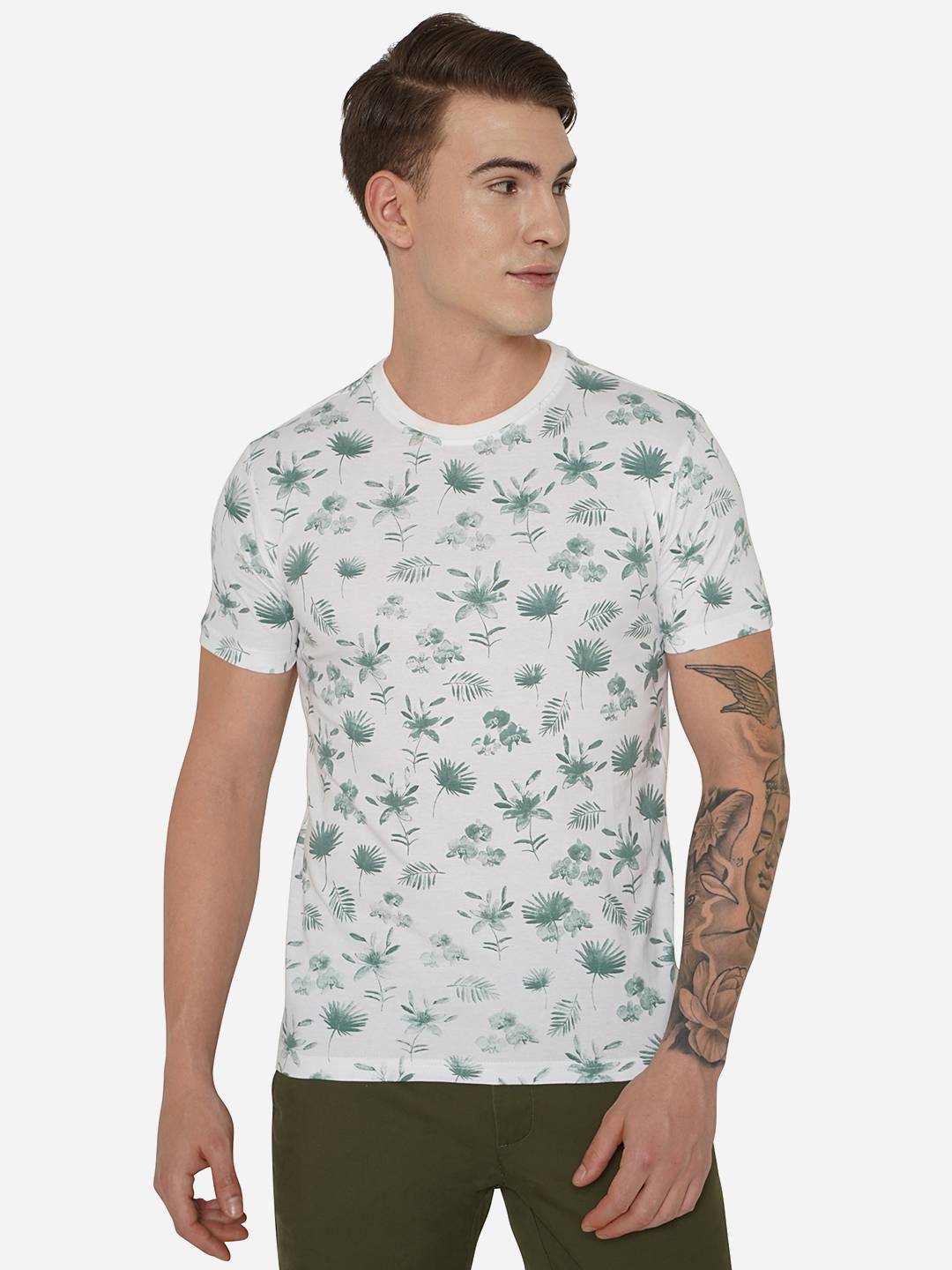 White & Green Printed Slim Fit T-Shirt | Greenfibre