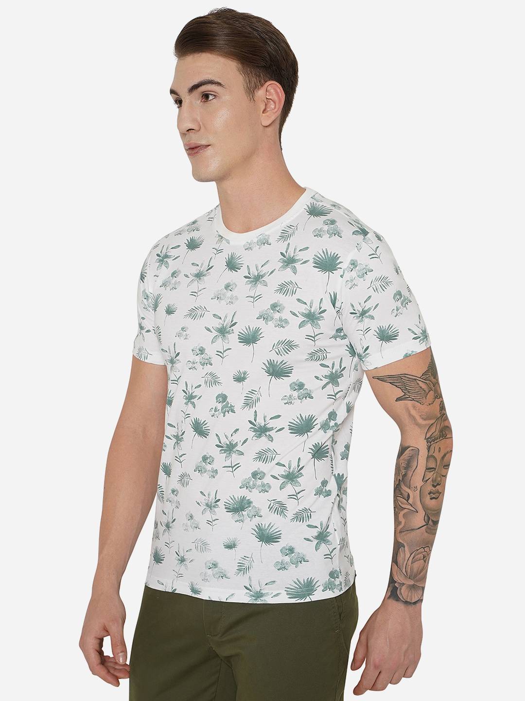 White & Green Printed Slim Fit T-Shirt | Greenfibre