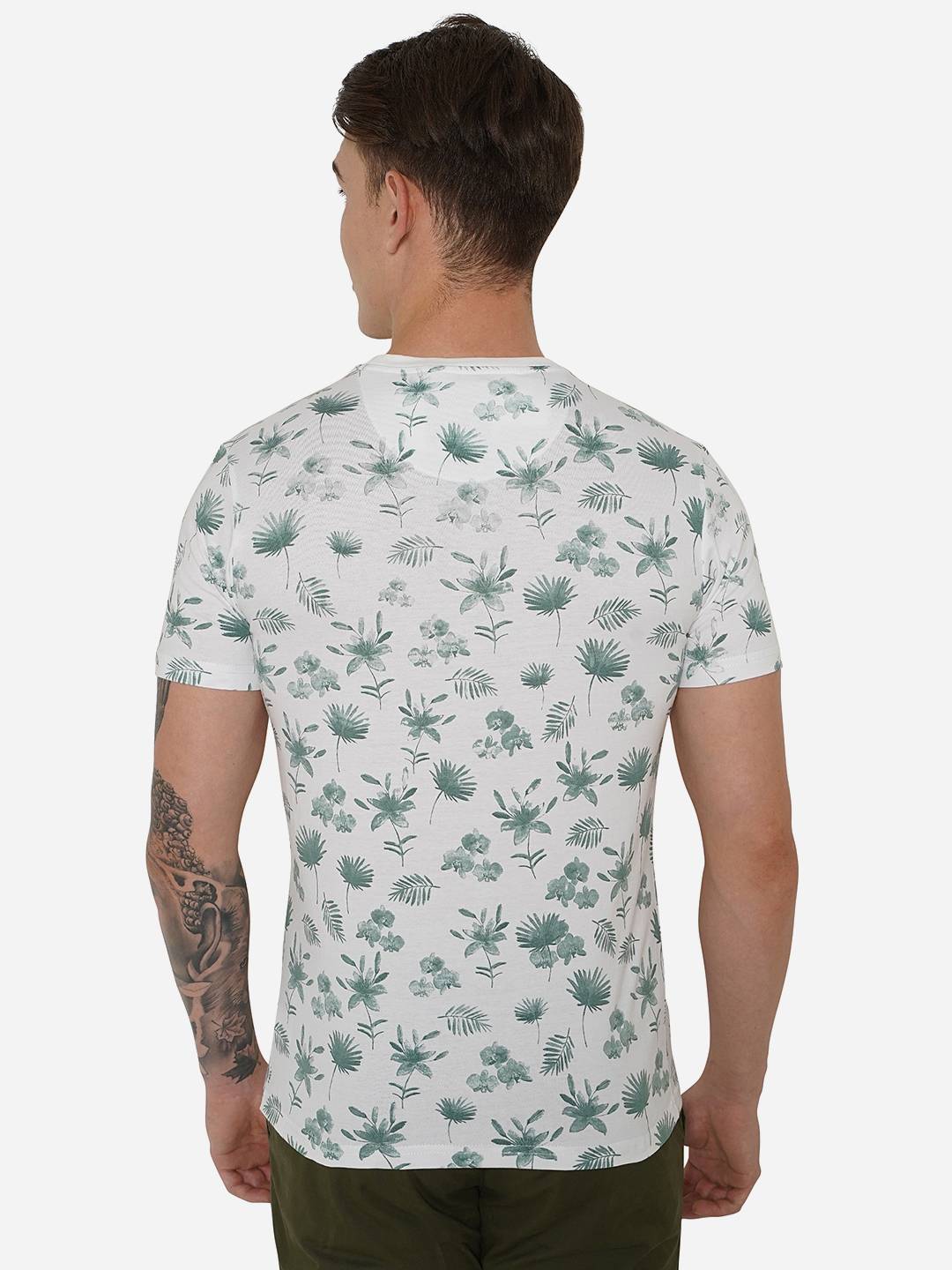 White & Green Printed Slim Fit T-Shirt | Greenfibre