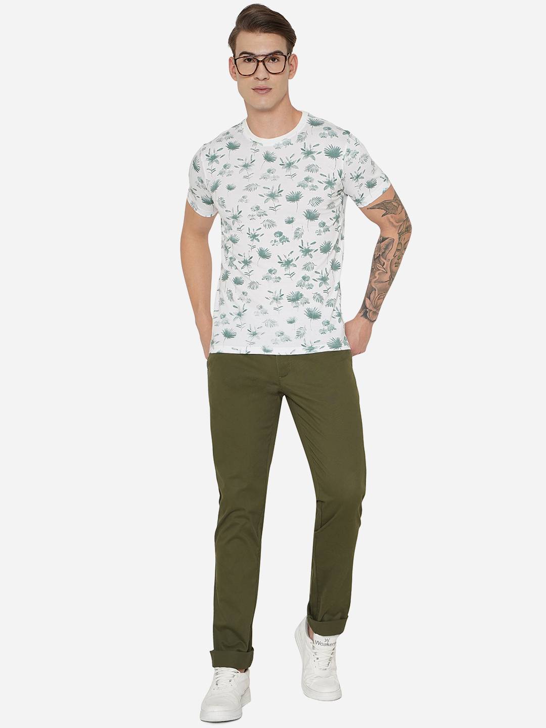 White & Green Printed Slim Fit T-Shirt | Greenfibre