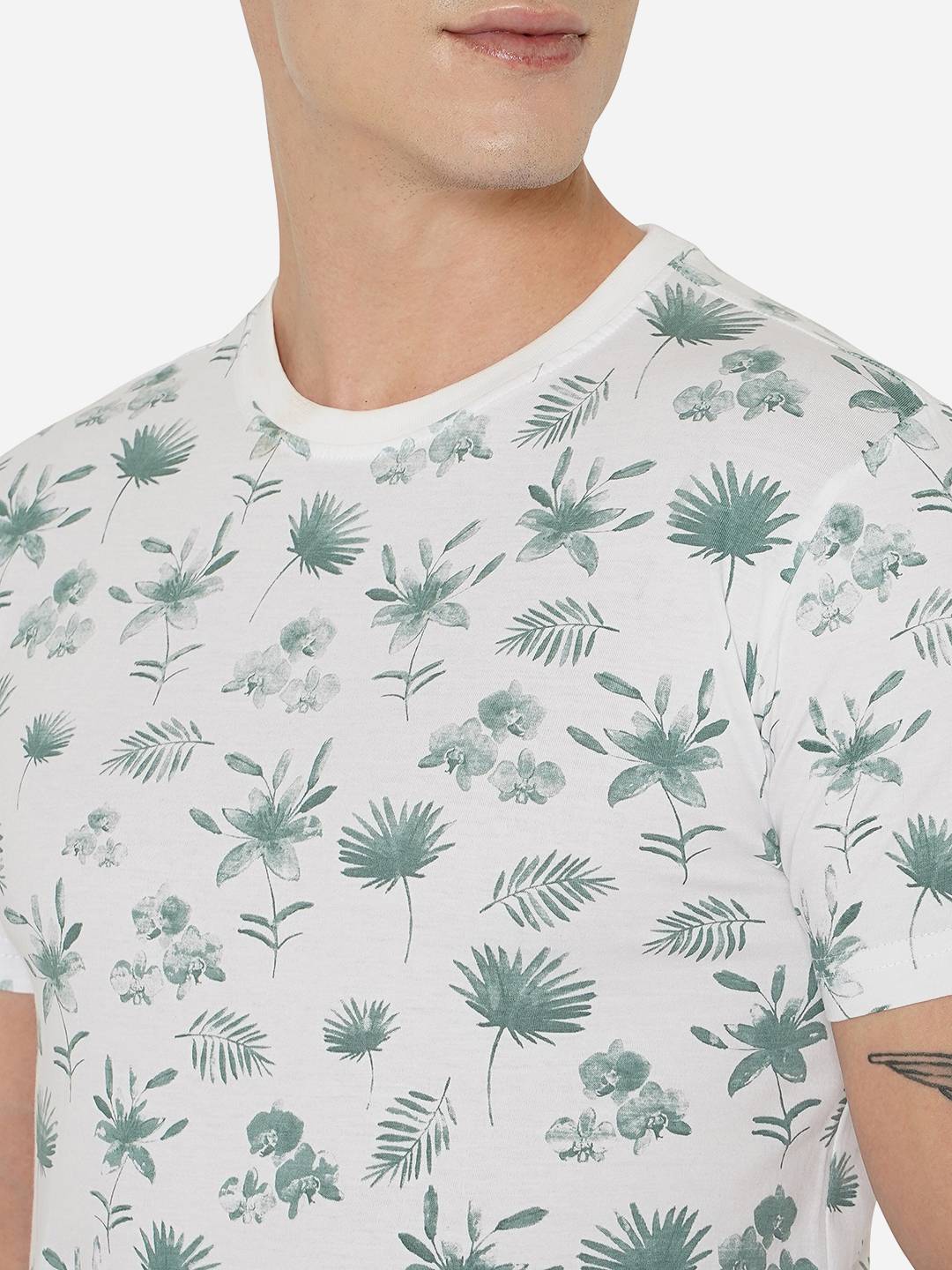 White & Green Printed Slim Fit T-Shirt | Greenfibre