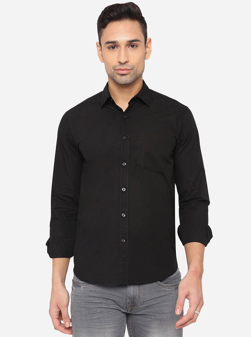 Jet Black Solid Slim Fit Semi Casual Shirt | Greenfibre