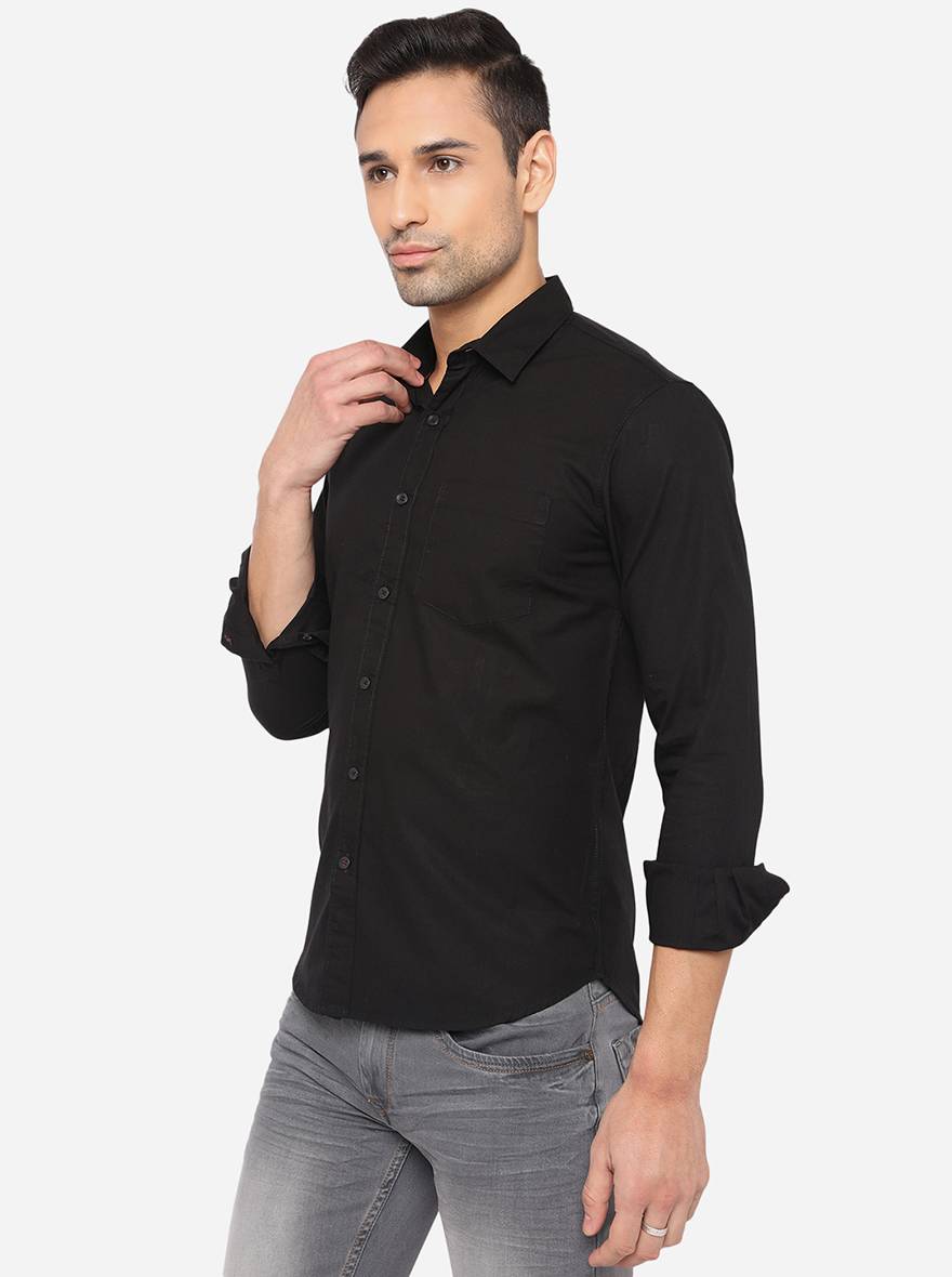 Jet Black Solid Slim Fit Semi Casual Shirt | Greenfibre