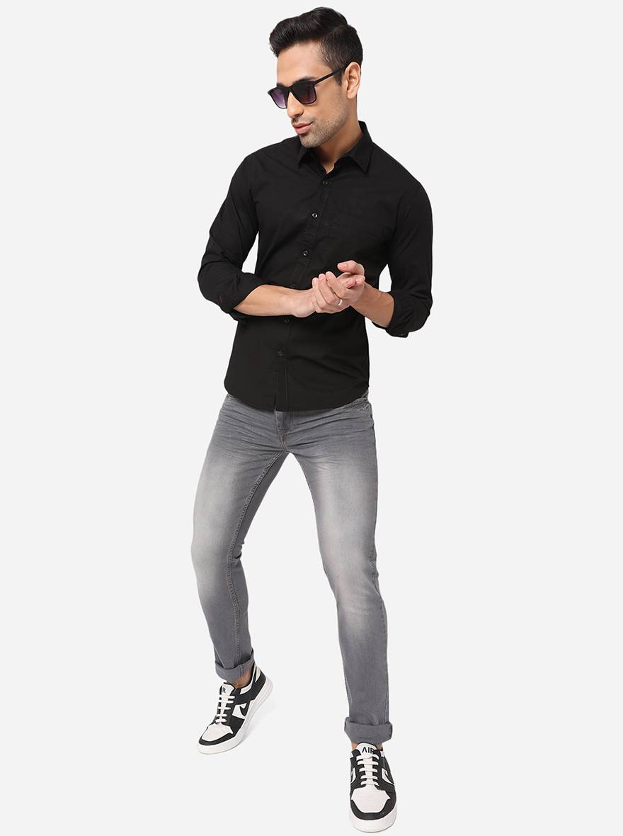 Jet Black Solid Slim Fit Semi Casual Shirt | Greenfibre