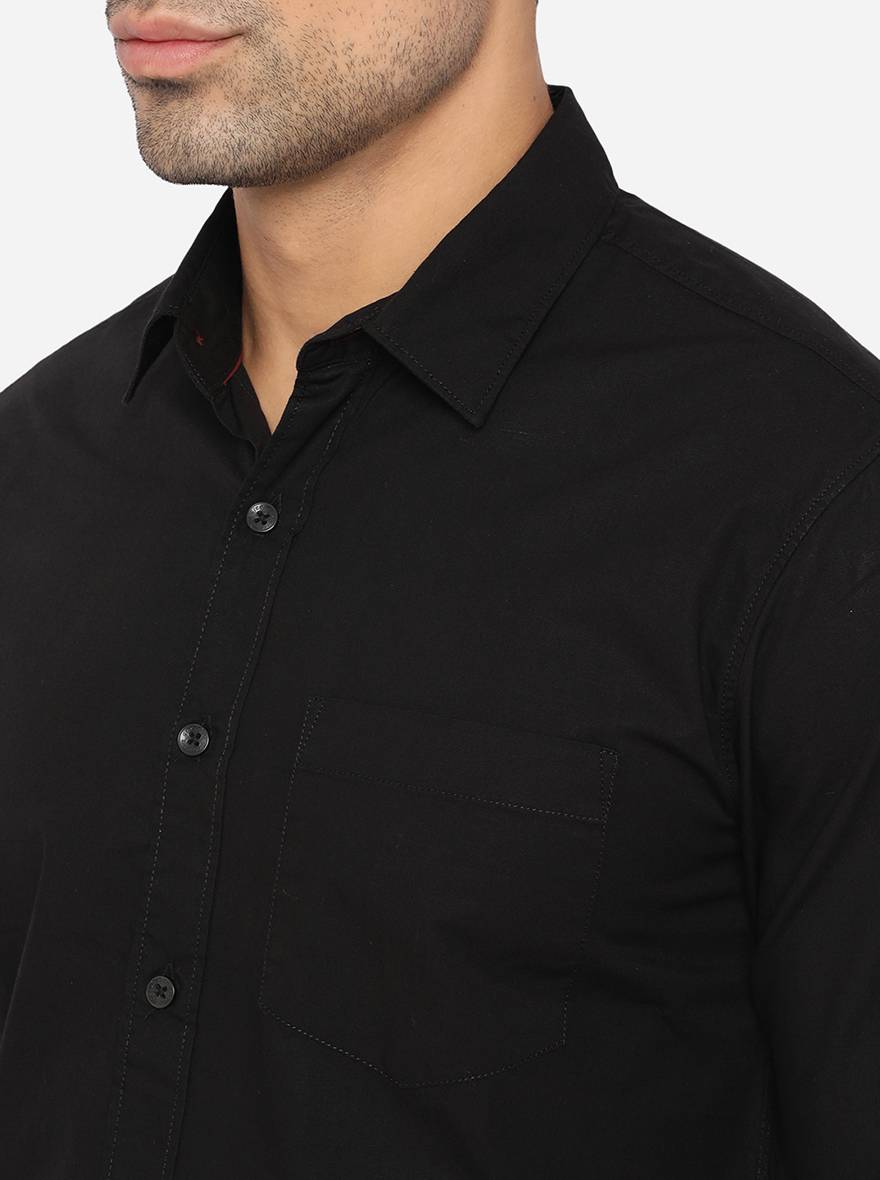 Jet Black Solid Slim Fit Semi Casual Shirt | Greenfibre