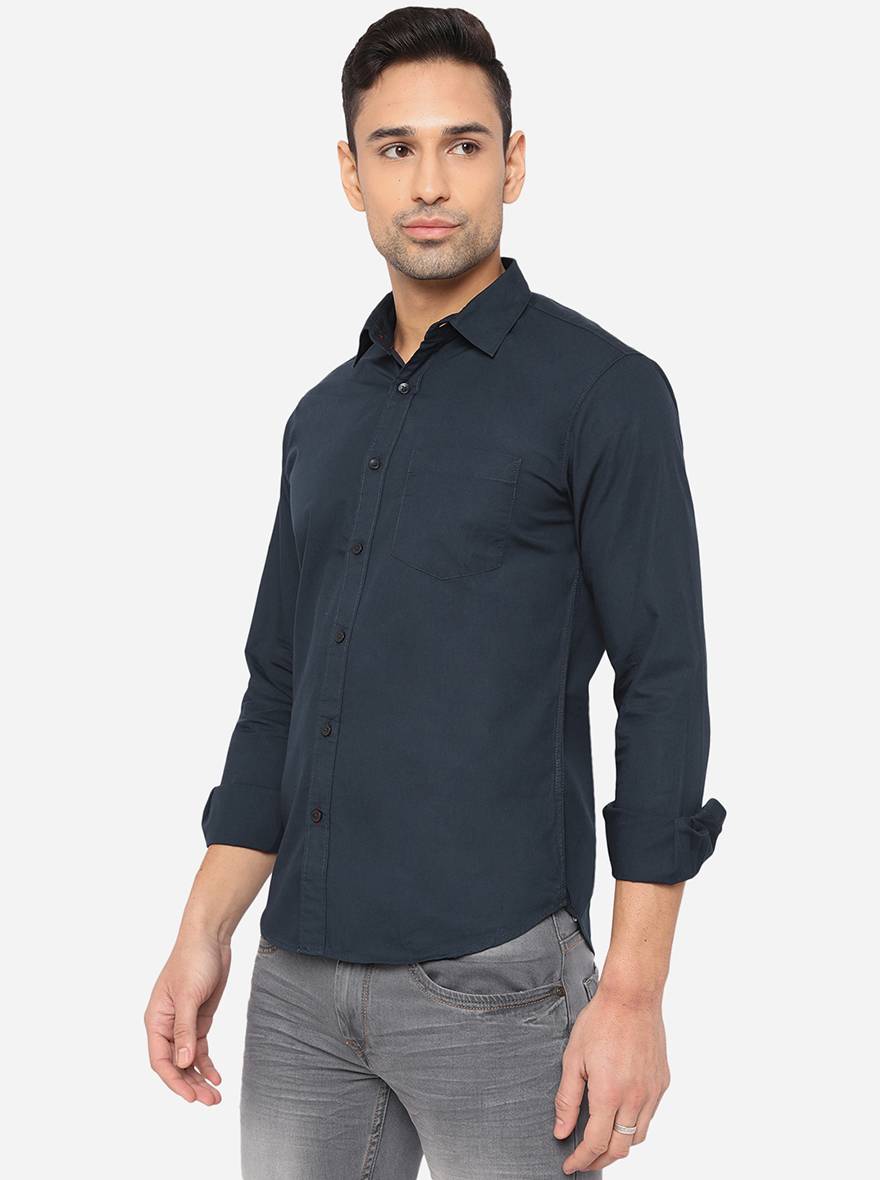 Dress Blue Solid Slim Fit Semi Casual Shirt | Greenfibre