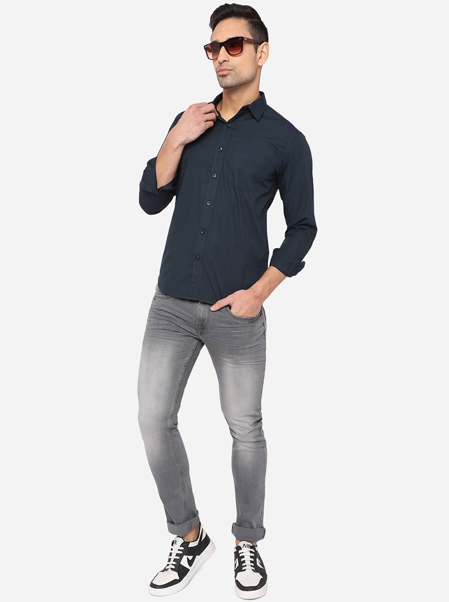 Dress Blue Solid Slim Fit Semi Casual Shirt | Greenfibre