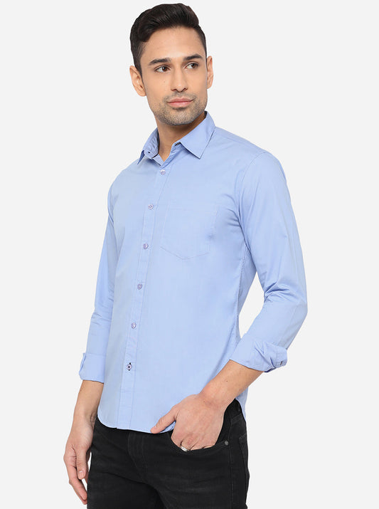 Sky Blue Solid Slim Fit Semi Casual Shirt | Greenfibre