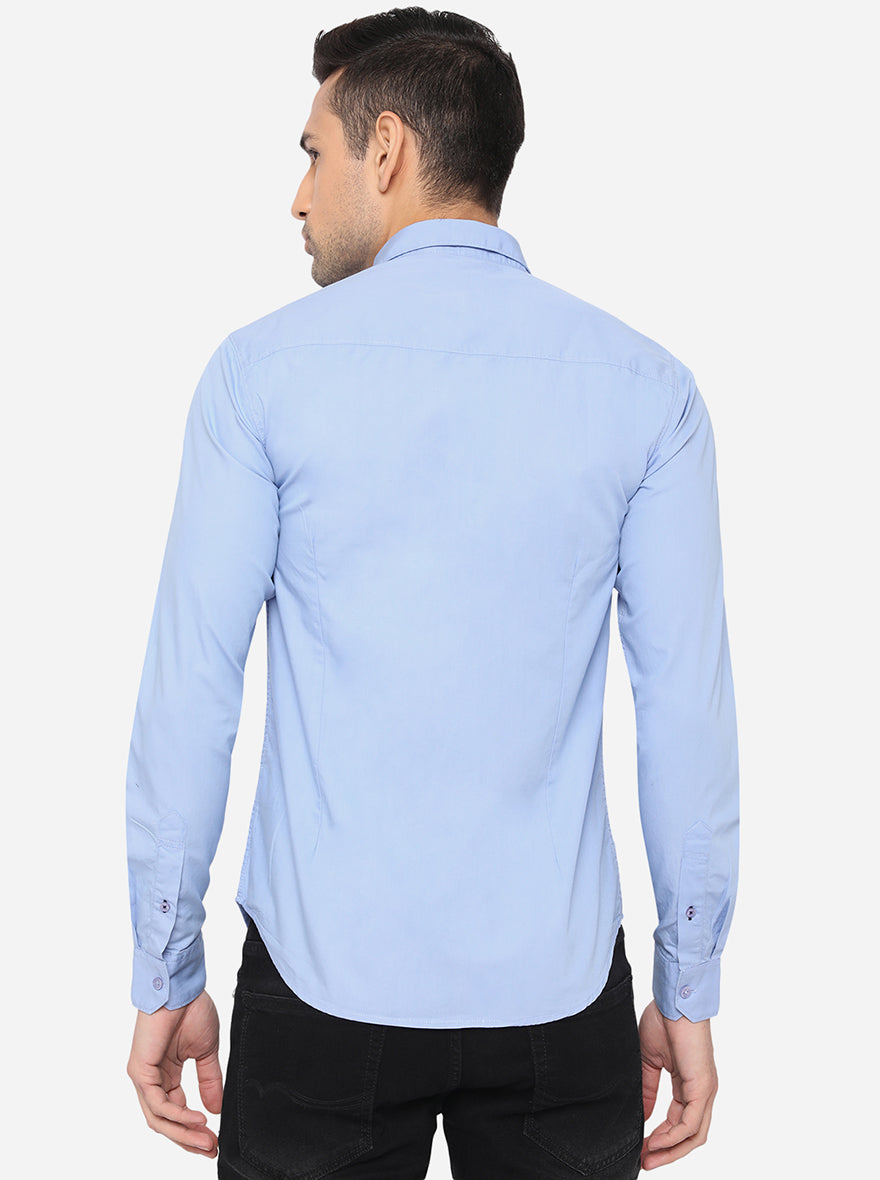 Sky Blue Solid Slim Fit Semi Casual Shirt | Greenfibre