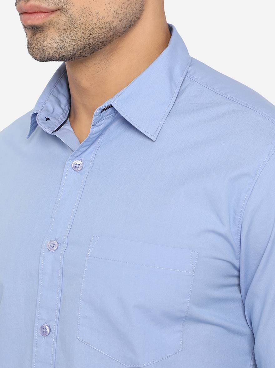 Sky Blue Solid Slim Fit Semi Casual Shirt | Greenfibre