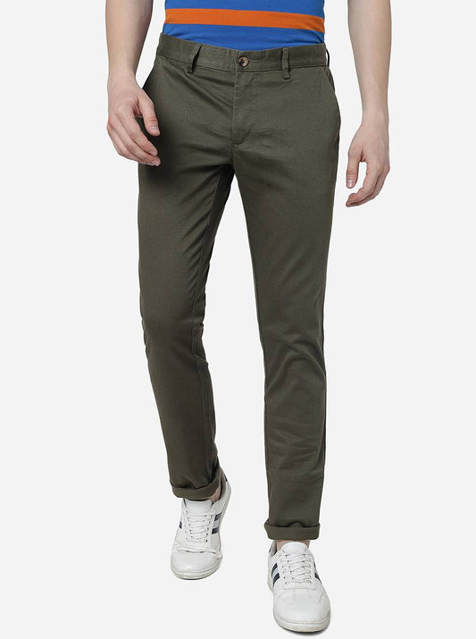 Olive Green Solid Super Slim Fit Casual Trouser | Greenfibre