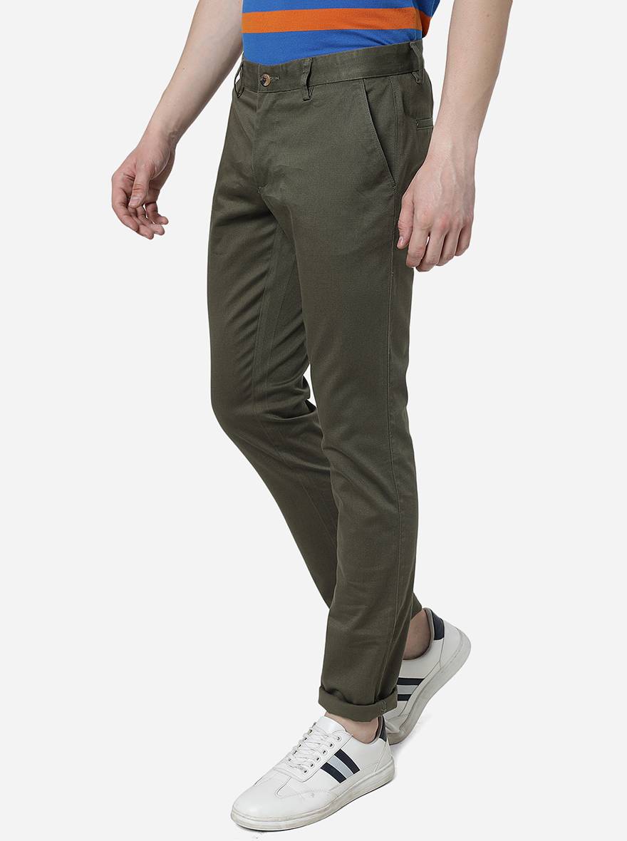 Olive Green Solid Super Slim Fit Casual Trouser | Greenfibre