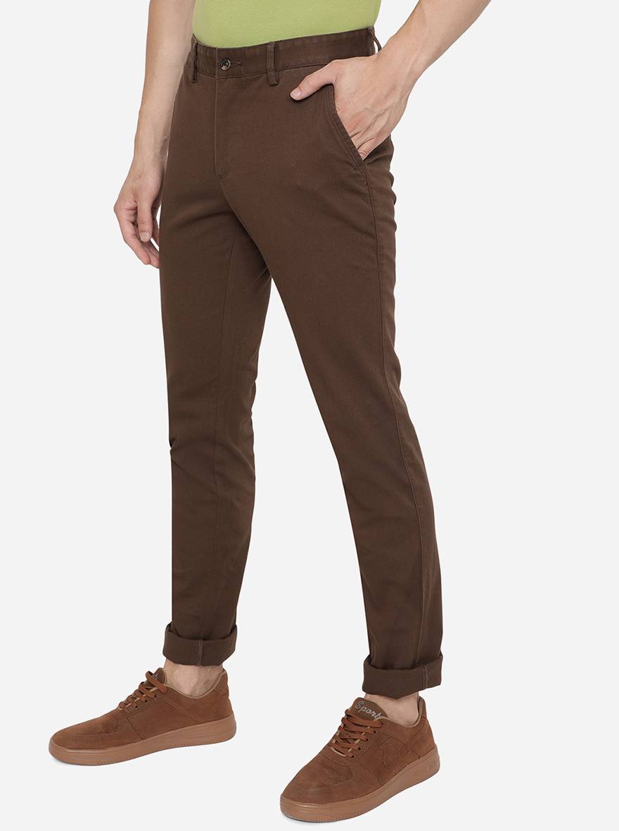 Brown Solid Slim Fit Casual Trouser | Greenfibre