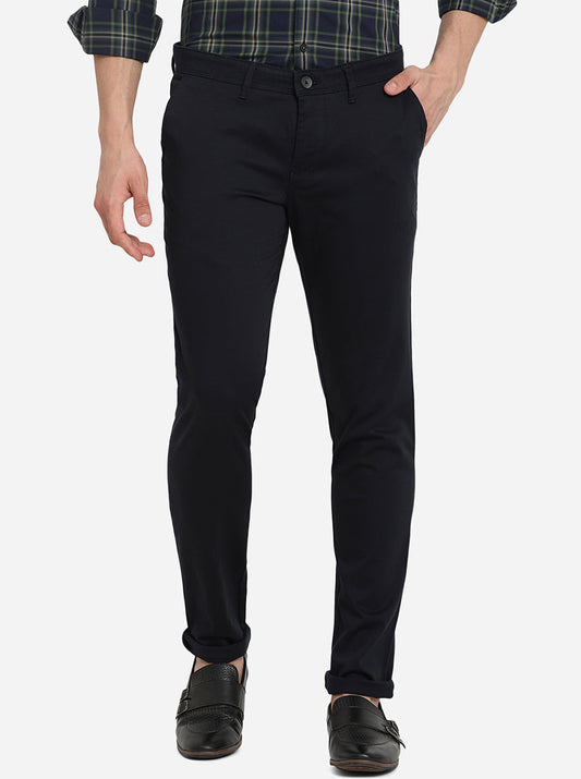 Navy Blue Solid Neo Fit Casual Trouser | Greenfibre